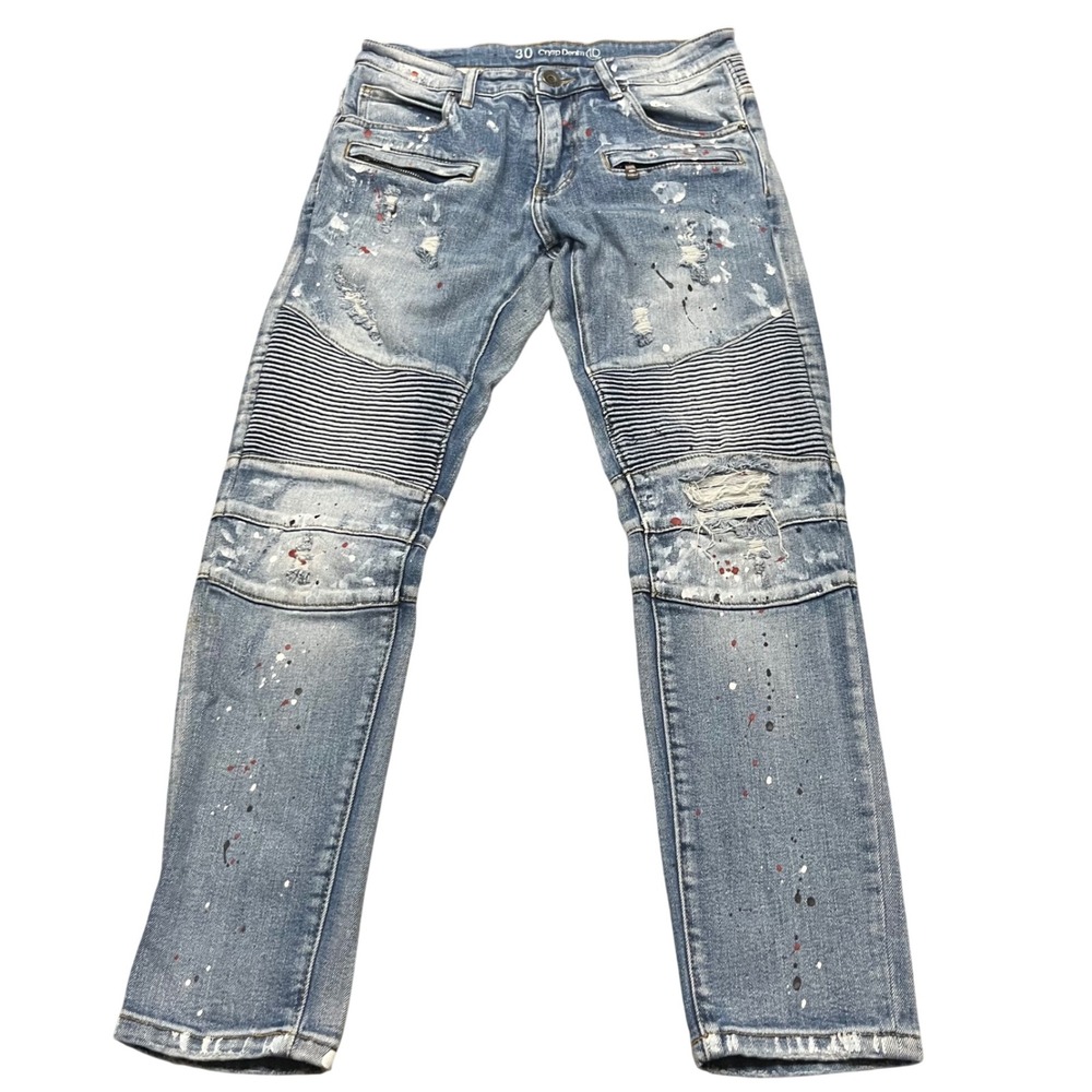 Crysp Denim Mens 30 Blue Paint Splatter Moto Distressed Slim Biker Jeans Light